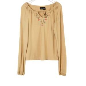 Y2k Vintage Xhiliration Tan Long Sleeve Floral Embroidered Blouse Medium